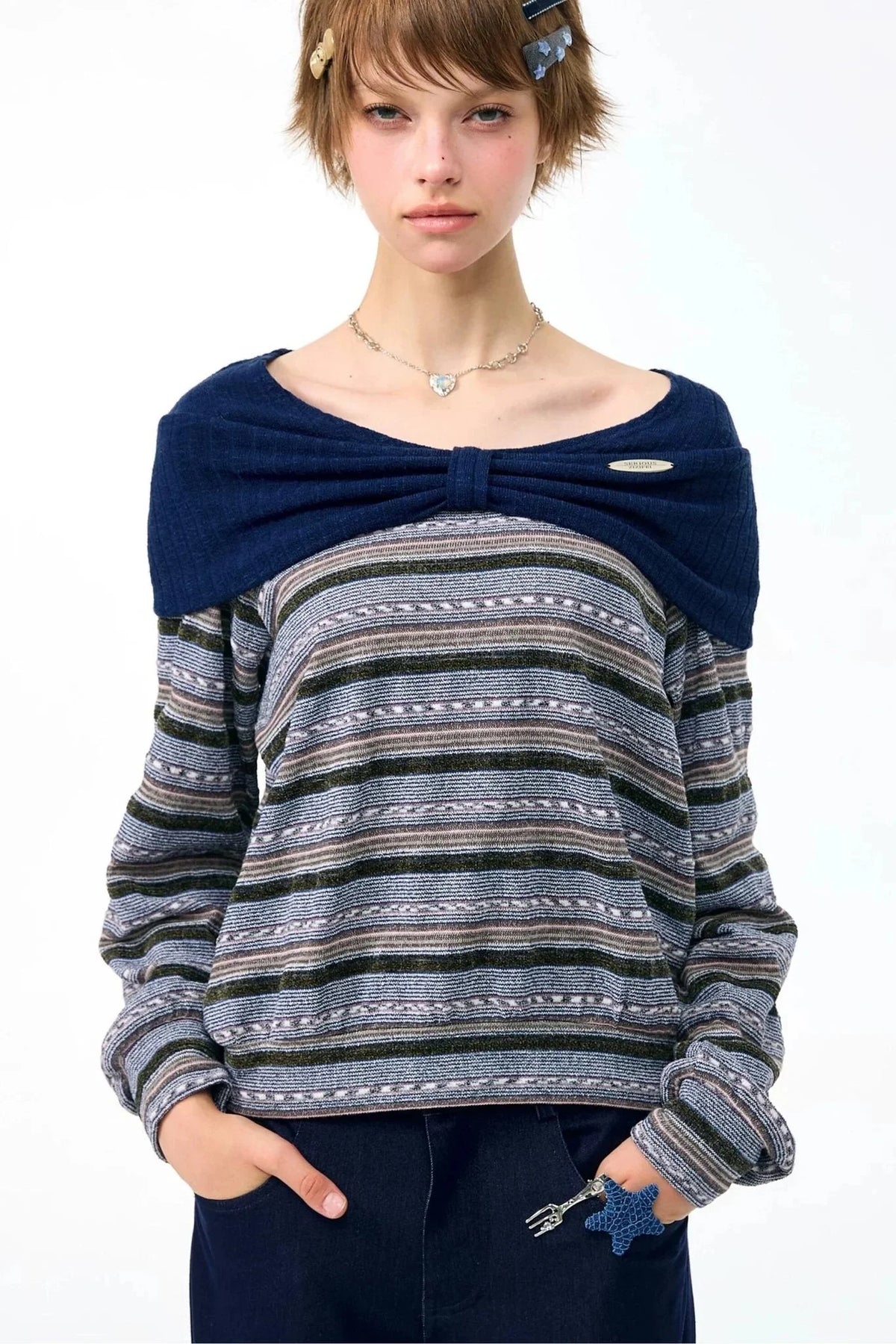 Green Bow Striped Knit T-Shirt Top