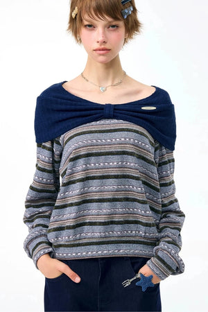 Green Bow Striped Knit T-Shirt Top