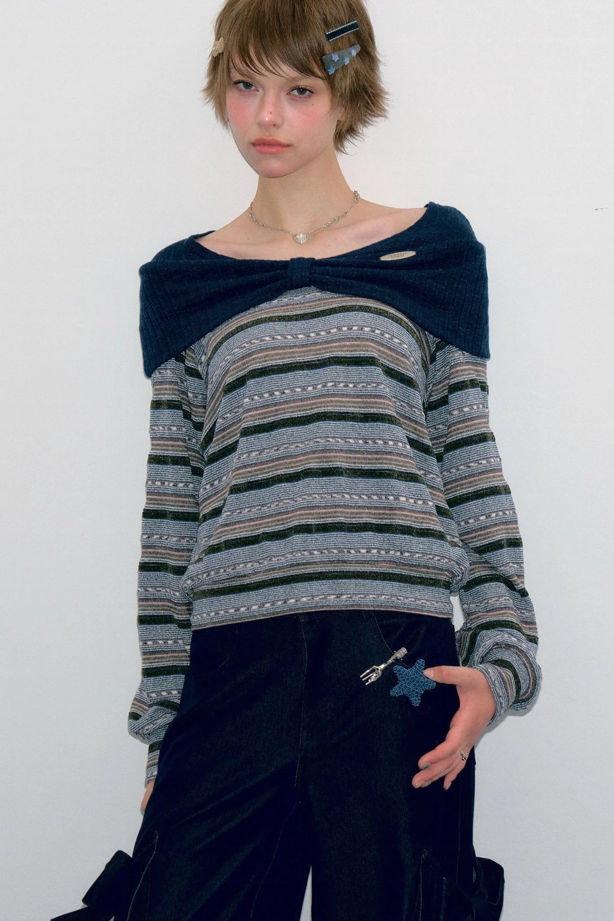 Green Bow Striped Knit T-Shirt Top