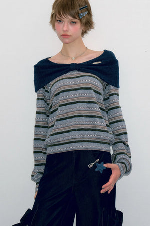 Green Bow Striped Knit T-Shirt Top