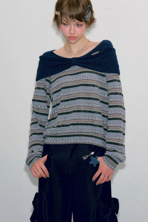 Green Bow Striped Knit T-Shirt Top