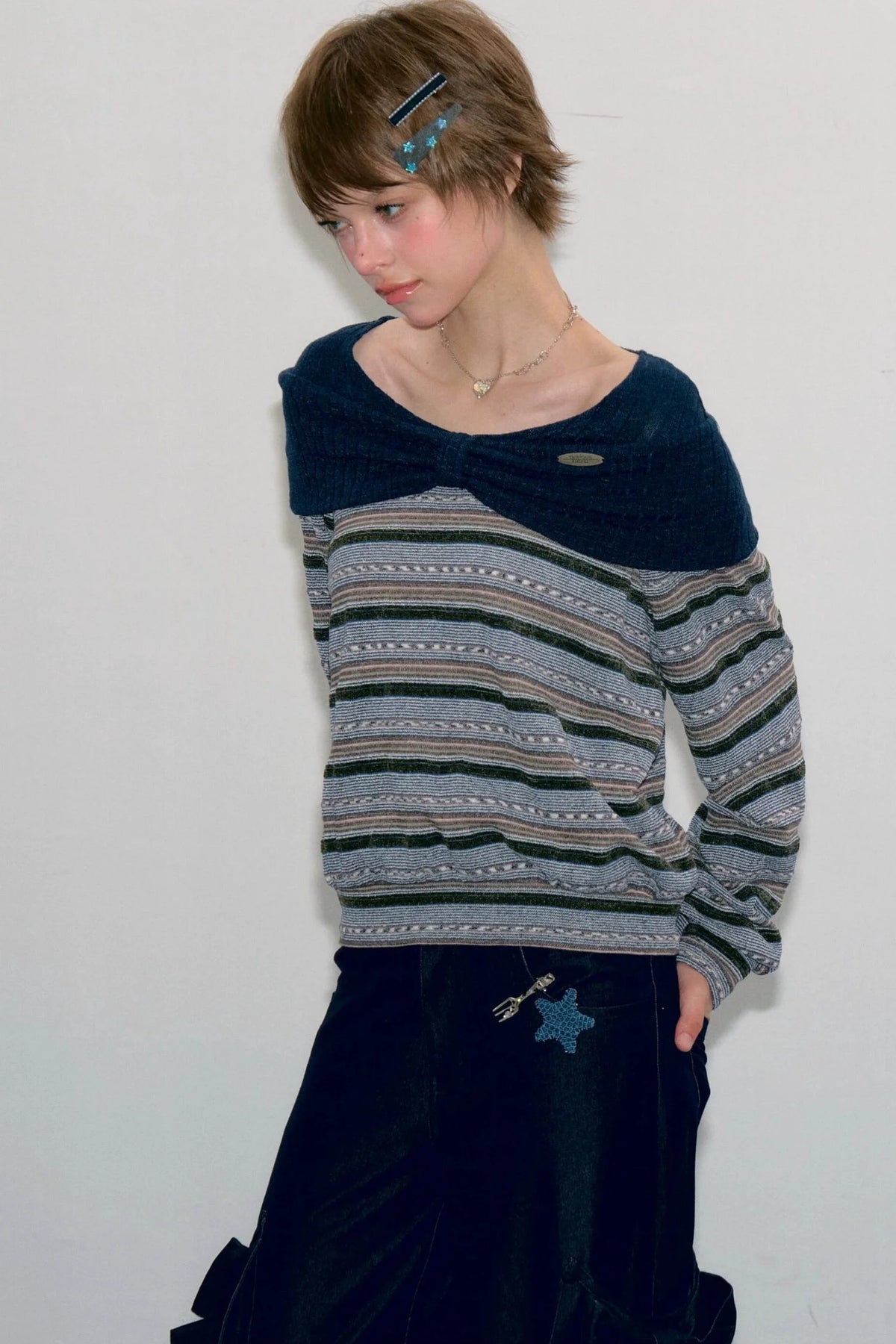 Green Bow Striped Knit T-Shirt Top