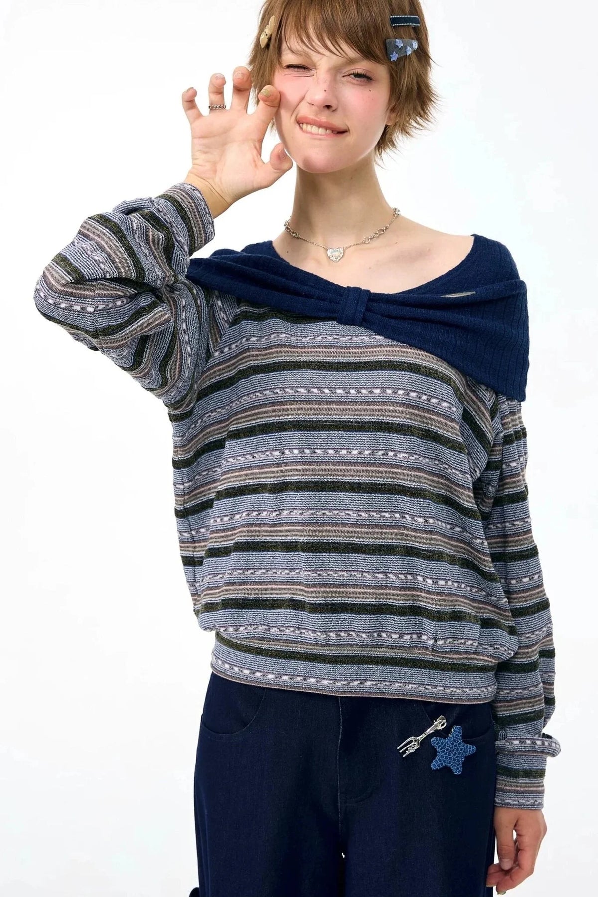 Green Bow Striped Knit T-Shirt Top