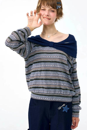 Green Bow Striped Knit T-Shirt Top