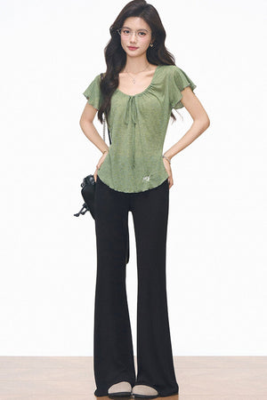 Green Drawstring Top and Black Flared Pants Set-Up
