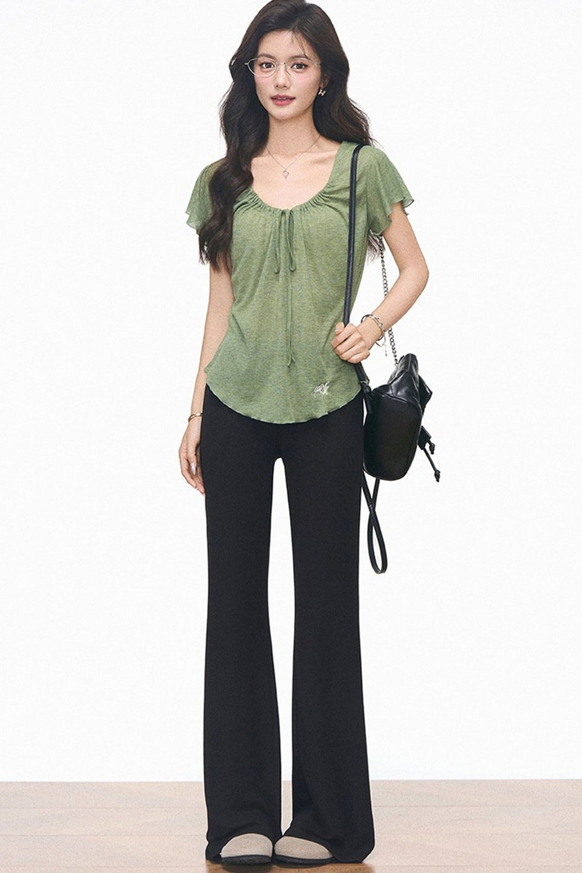Green Drawstring Top and Black Flared Pants Set-Up