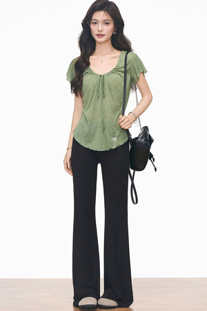 Green Drawstring Top and Black Flared Pants Set-Up