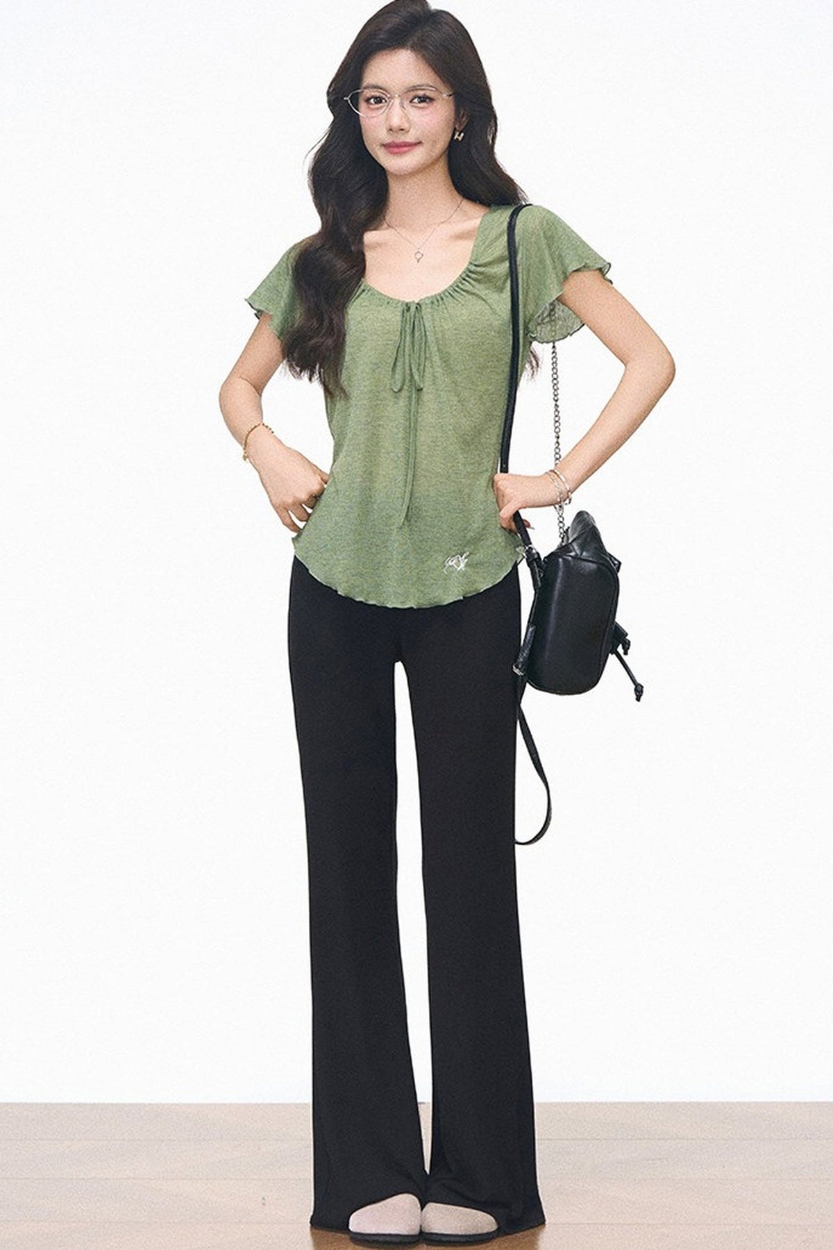 Green Drawstring Top and Black Flared Pants Set-Up