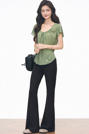 Green Drawstring Top and Black Flared Pants Set-Up