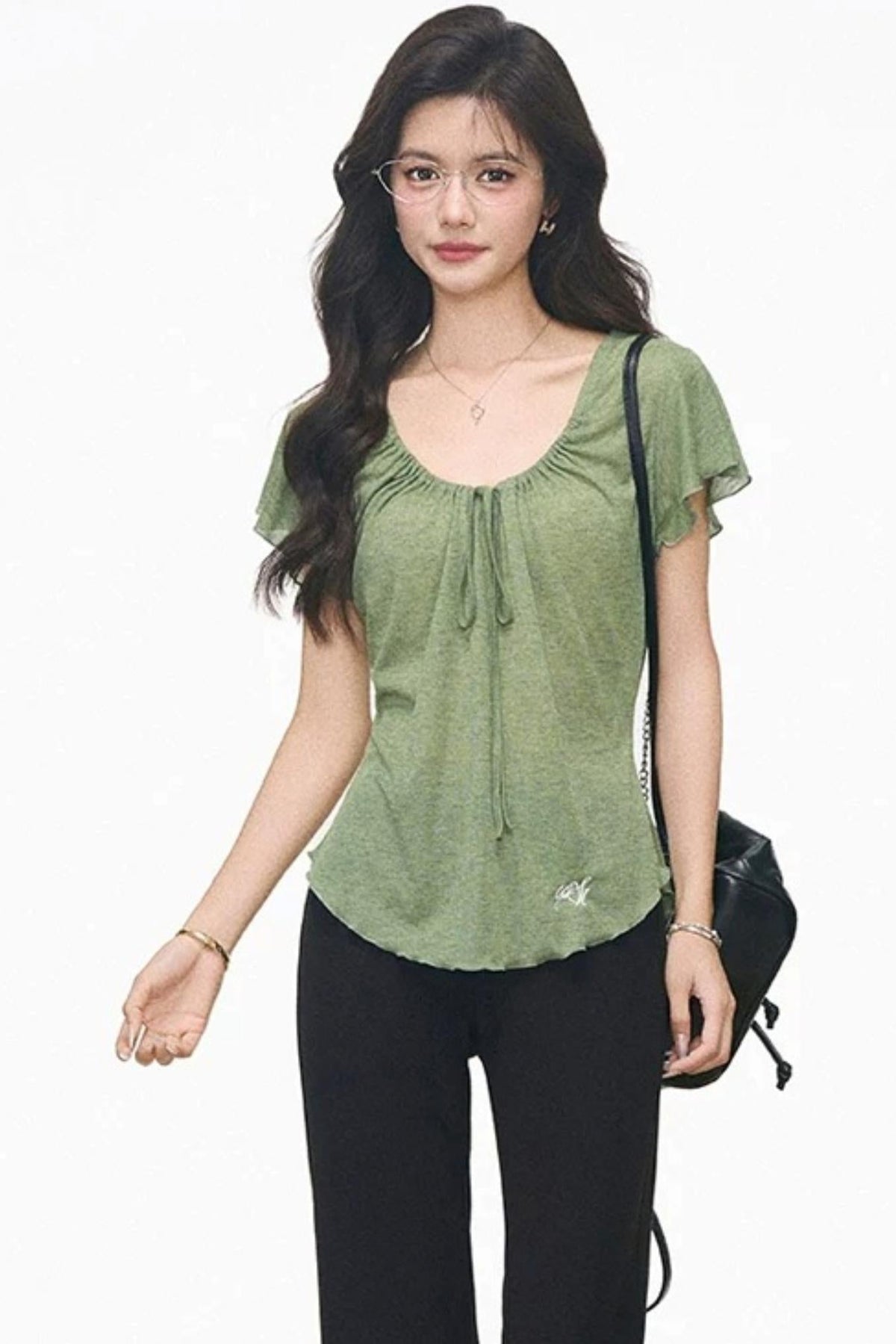 Green Drawstring Top and Black Flared Pants Set-Up