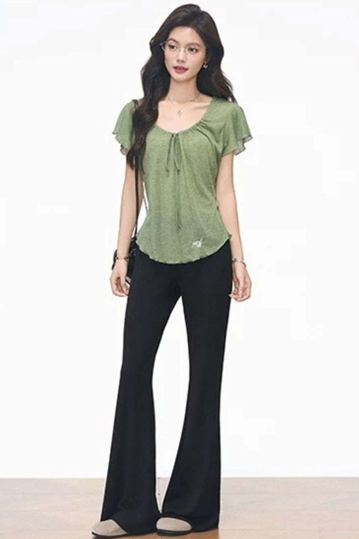 Green Drawstring Top and Black Flared Pants Set-Up