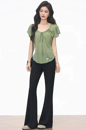 Green Drawstring Top and Black Flared Pants Set-Up