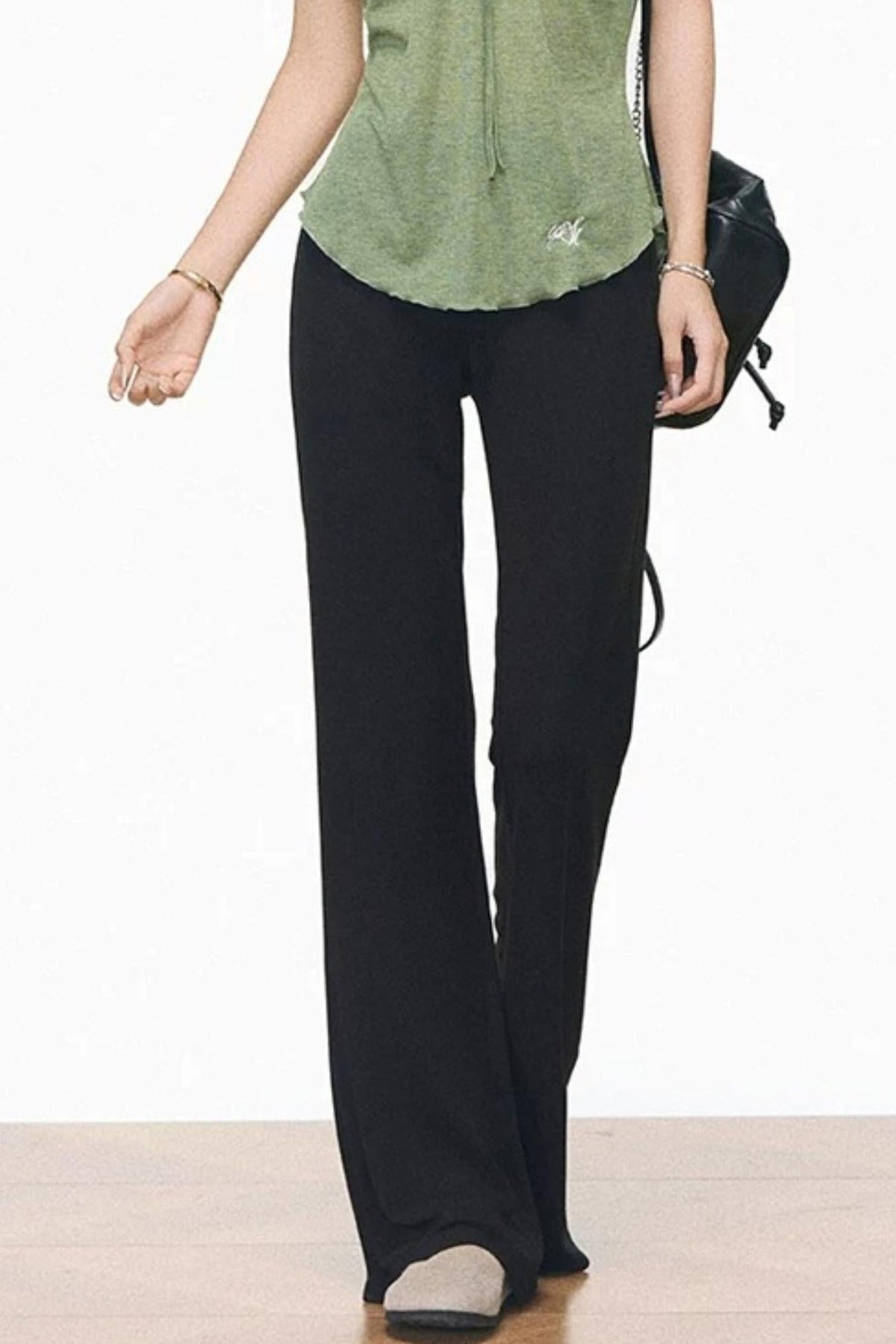 Green Drawstring Top and Black Flared Pants Set-Up