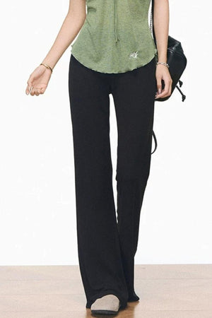 Green Drawstring Top and Black Flared Pants Set-Up