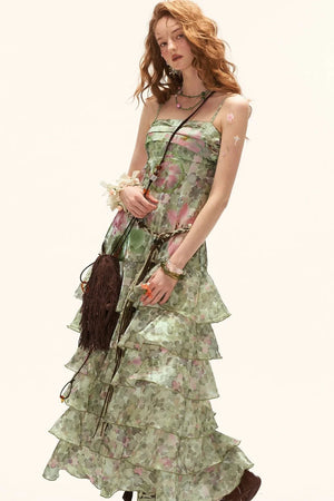 Green Floral Strapless Dress
