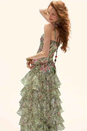 Green Floral Strapless Dress