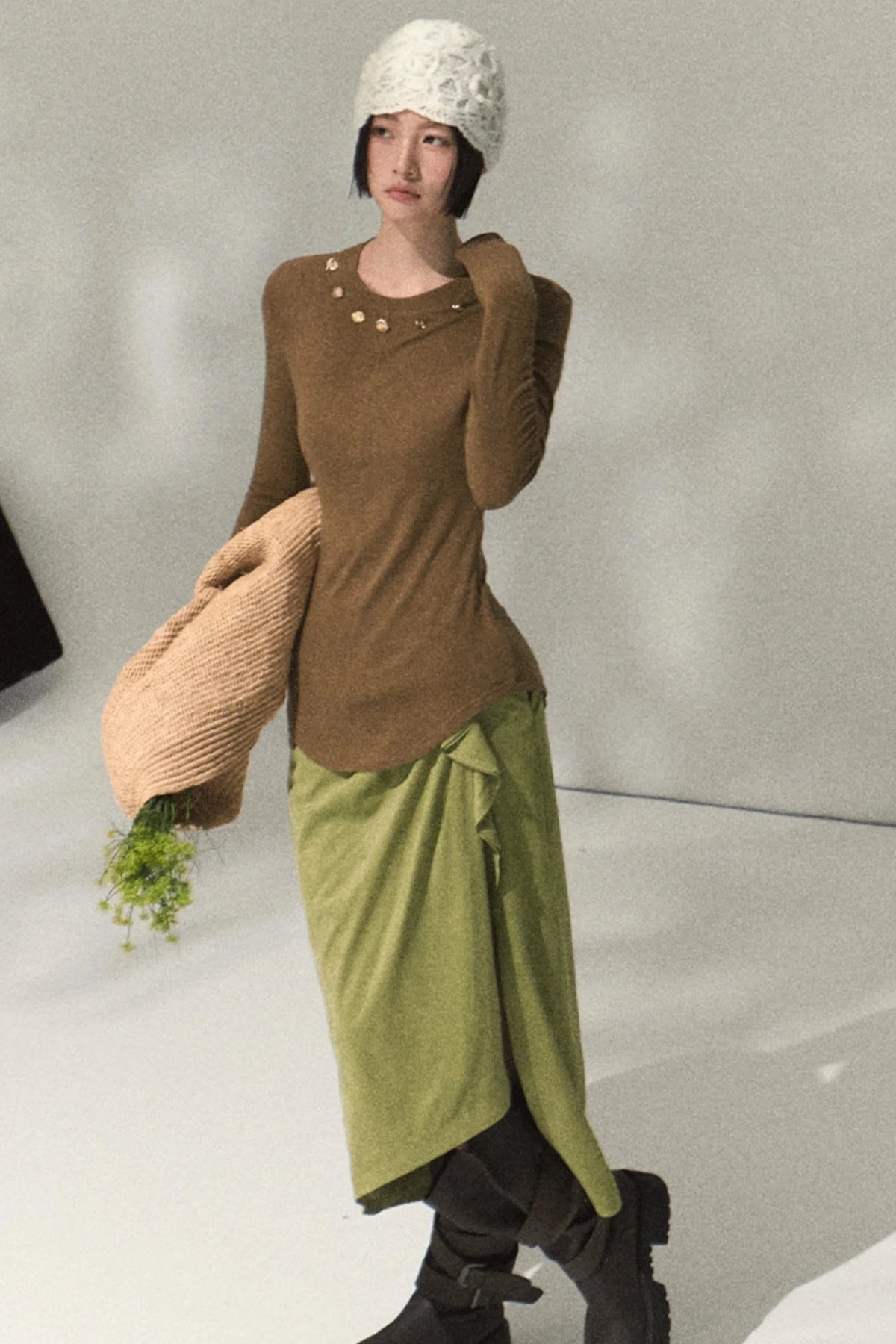 Green Oak Gray Pleated Skirt