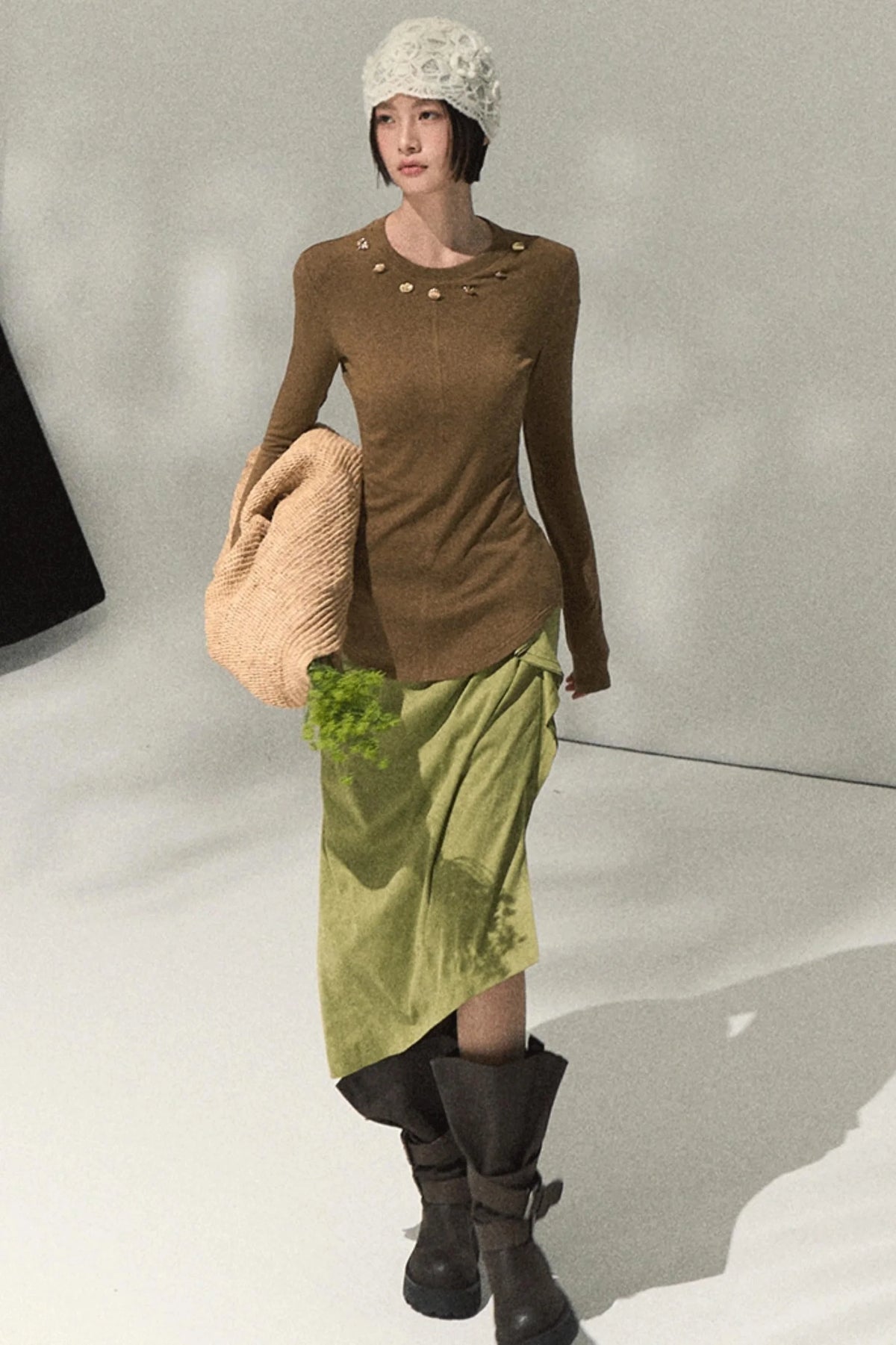 Green Oak Gray Pleated Skirt