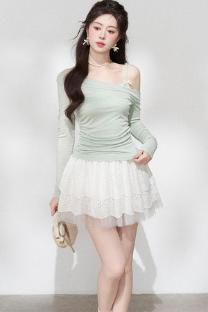 Green Off-Shoulder Pleated Knit Top and Skirt Set-Up