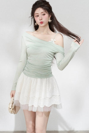 Green Off-Shoulder Pleated Knit Top and Skirt Set-Up