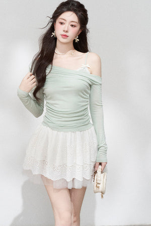 Green Off-Shoulder Pleated Knit Top and Skirt Set-Up