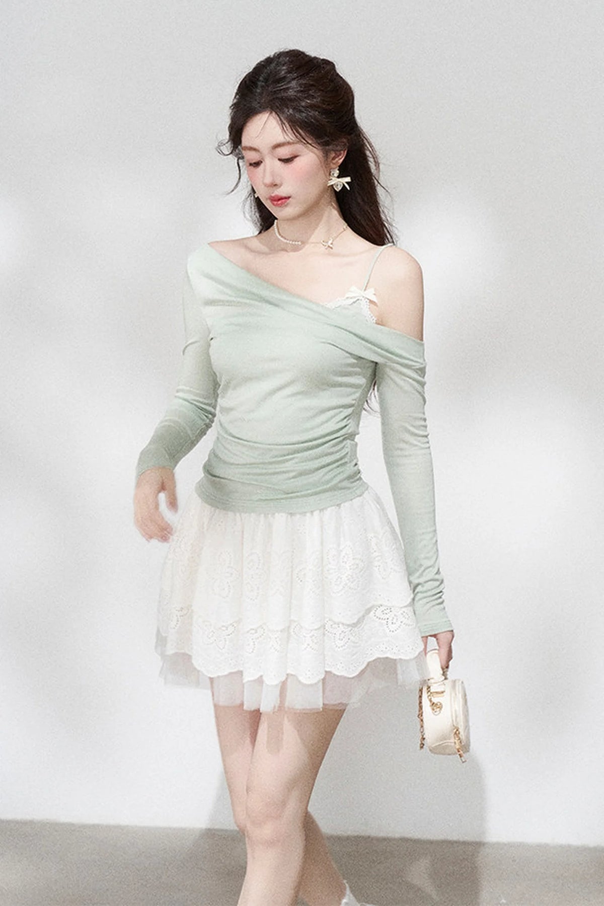 Green Off-Shoulder Pleated Knit Top and Skirt Set-Up
