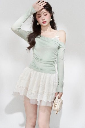 Green Off-Shoulder Pleated Knit Top and Skirt Set-Up