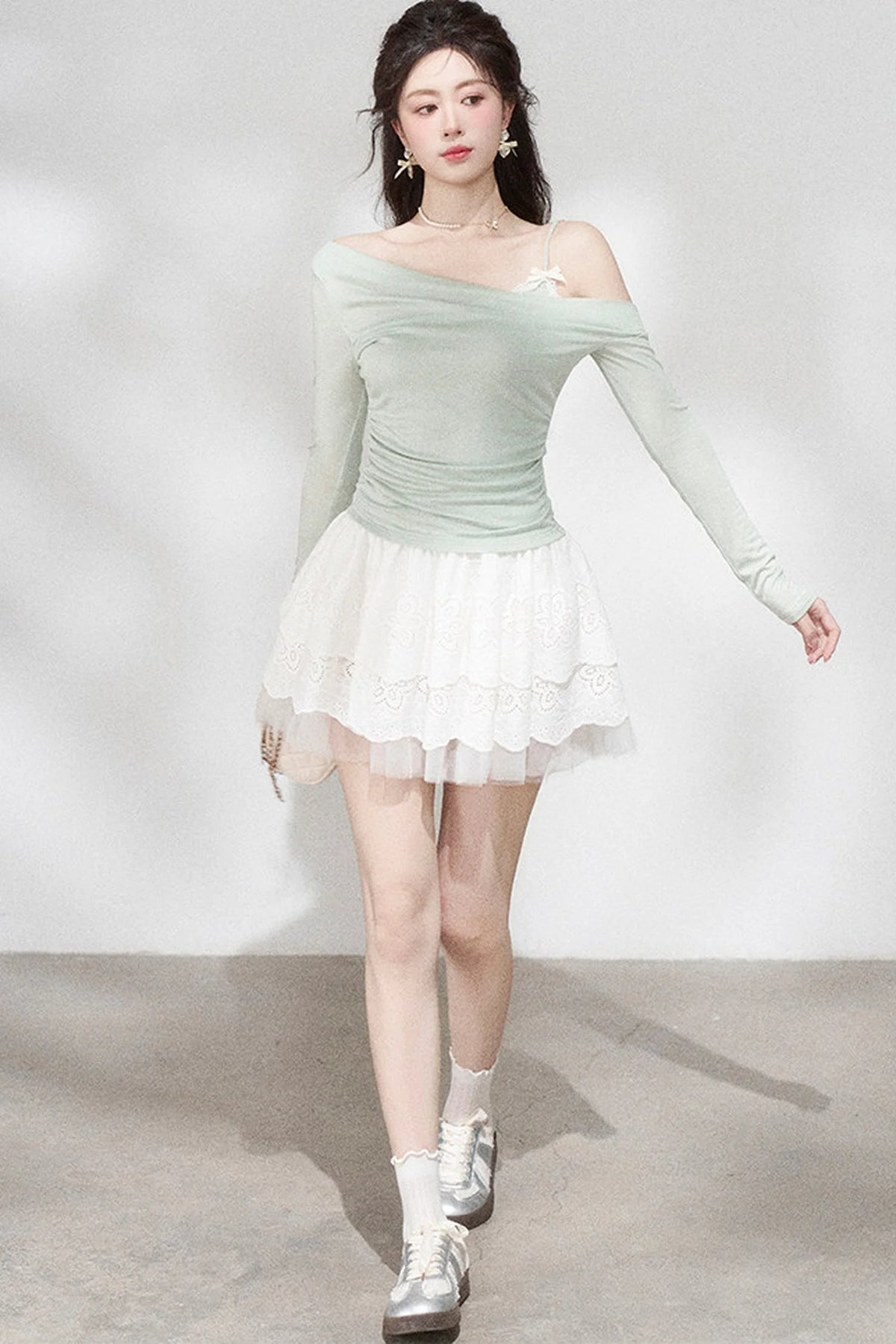 Green Off-Shoulder Pleated Knit Top and Skirt Set-Up