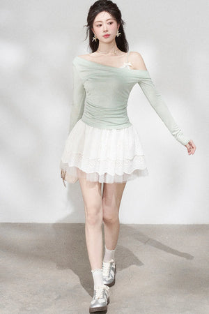 Green Off-Shoulder Pleated Knit Top and Skirt Set-Up