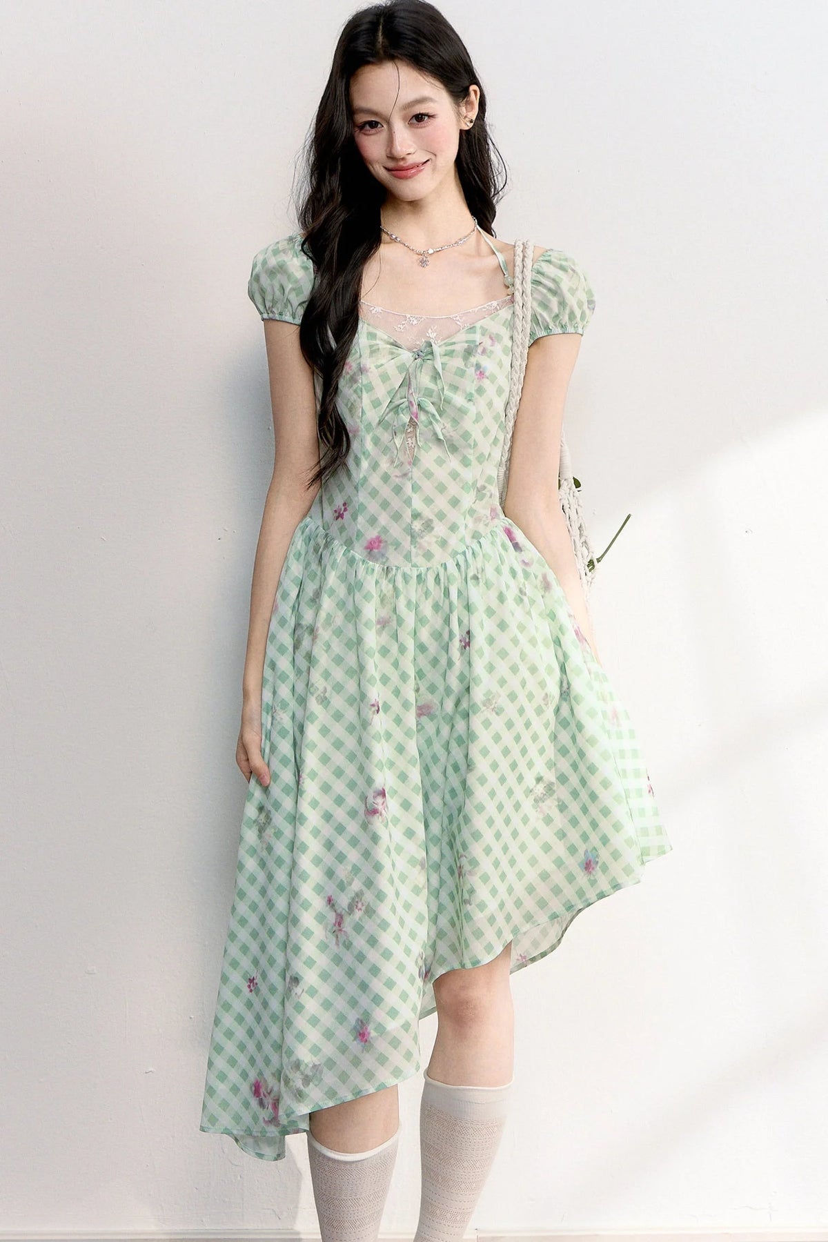 Green Plaid Floral Lace Dress
