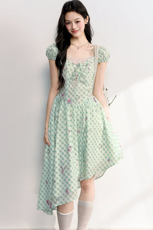 Green Plaid Floral Lace Dress