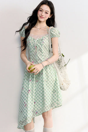 Green Plaid Floral Lace Dress
