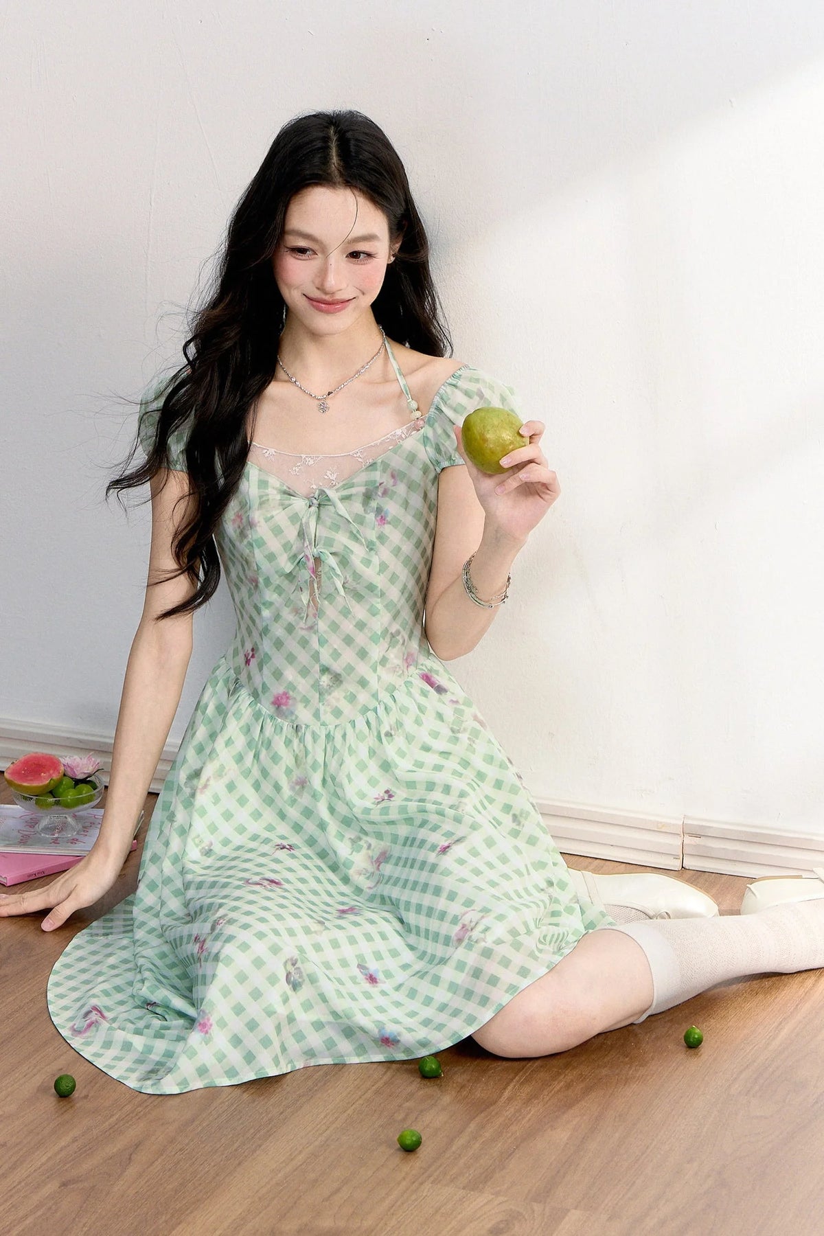 Green Plaid Floral Lace Dress