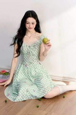 Green Plaid Floral Lace Dress
