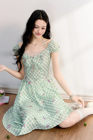Green Plaid Floral Lace Dress