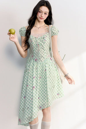 Green Plaid Floral Lace Dress