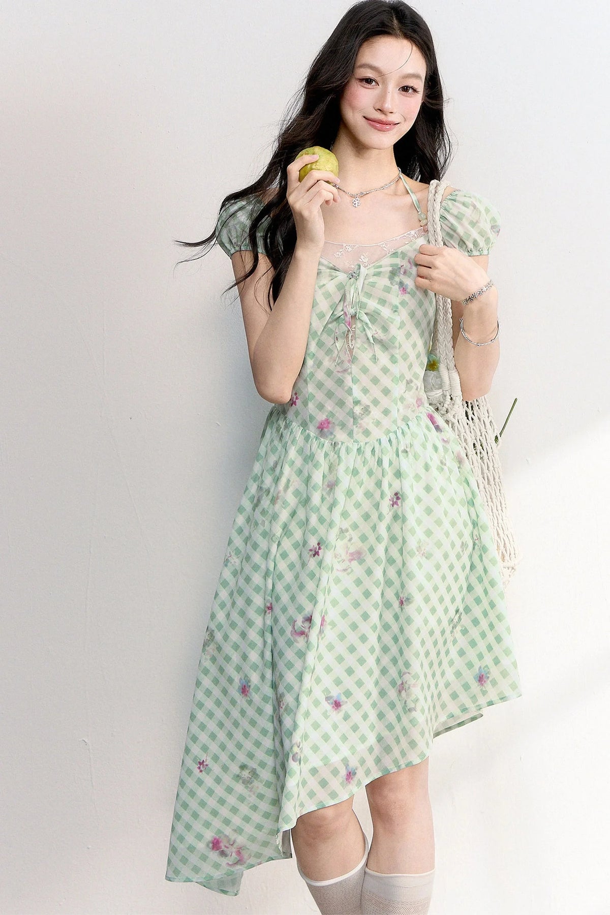 Green Plaid Floral Lace Dress