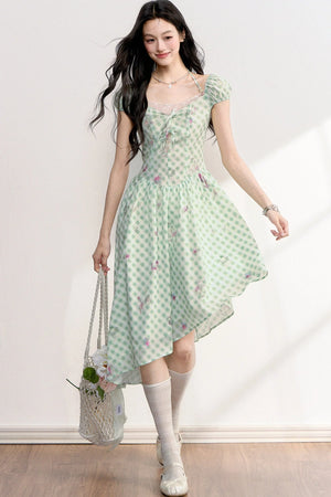 Green Plaid Floral Lace Dress