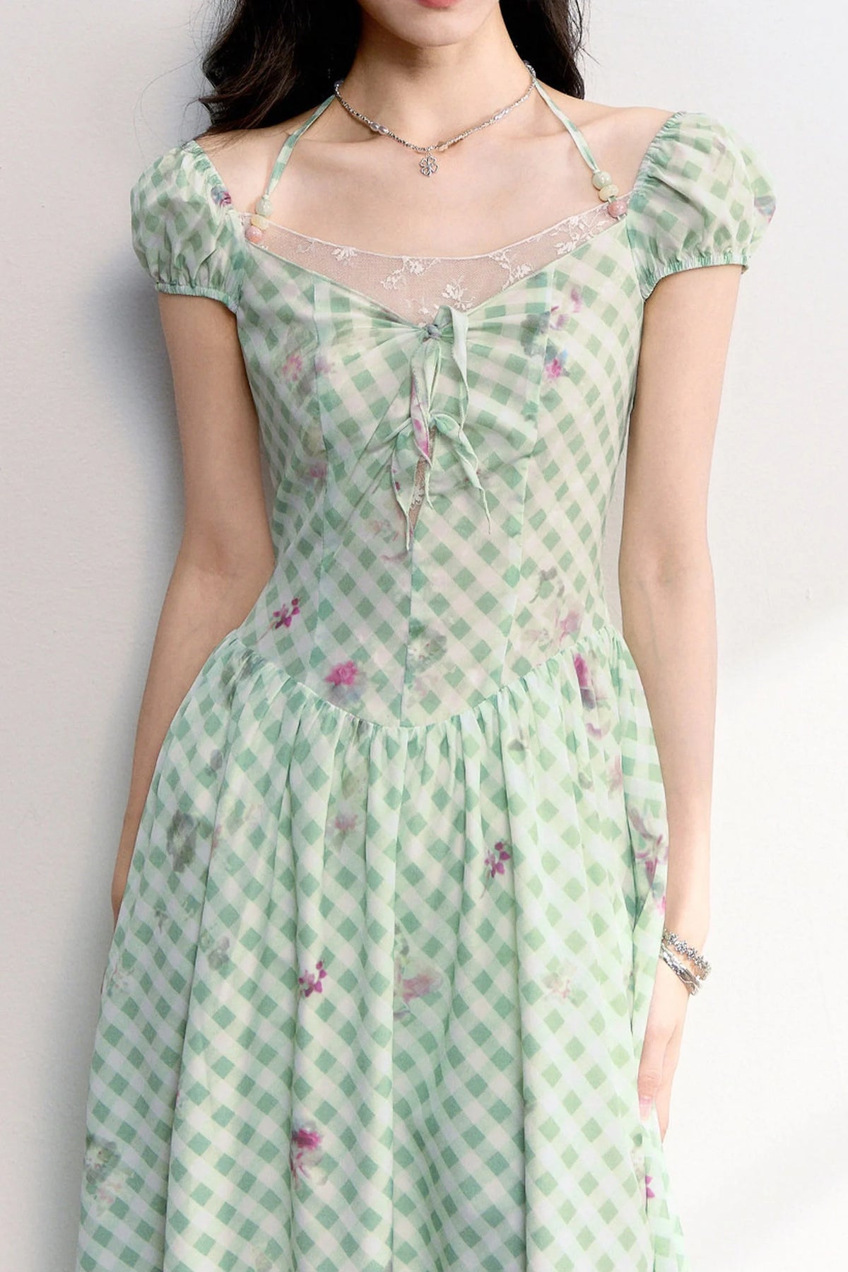 Green Plaid Floral Lace Dress