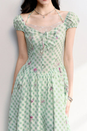 Green Plaid Floral Lace Dress