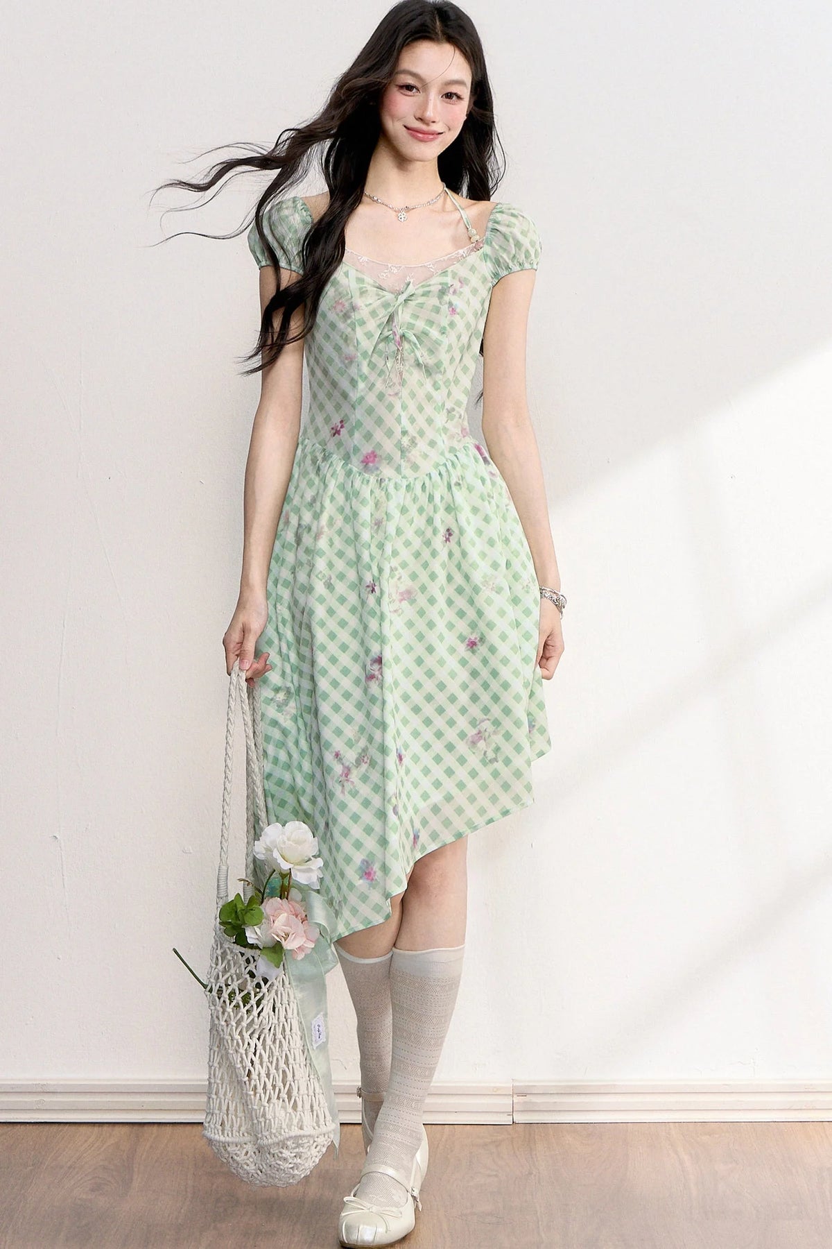Green Plaid Floral Lace Dress