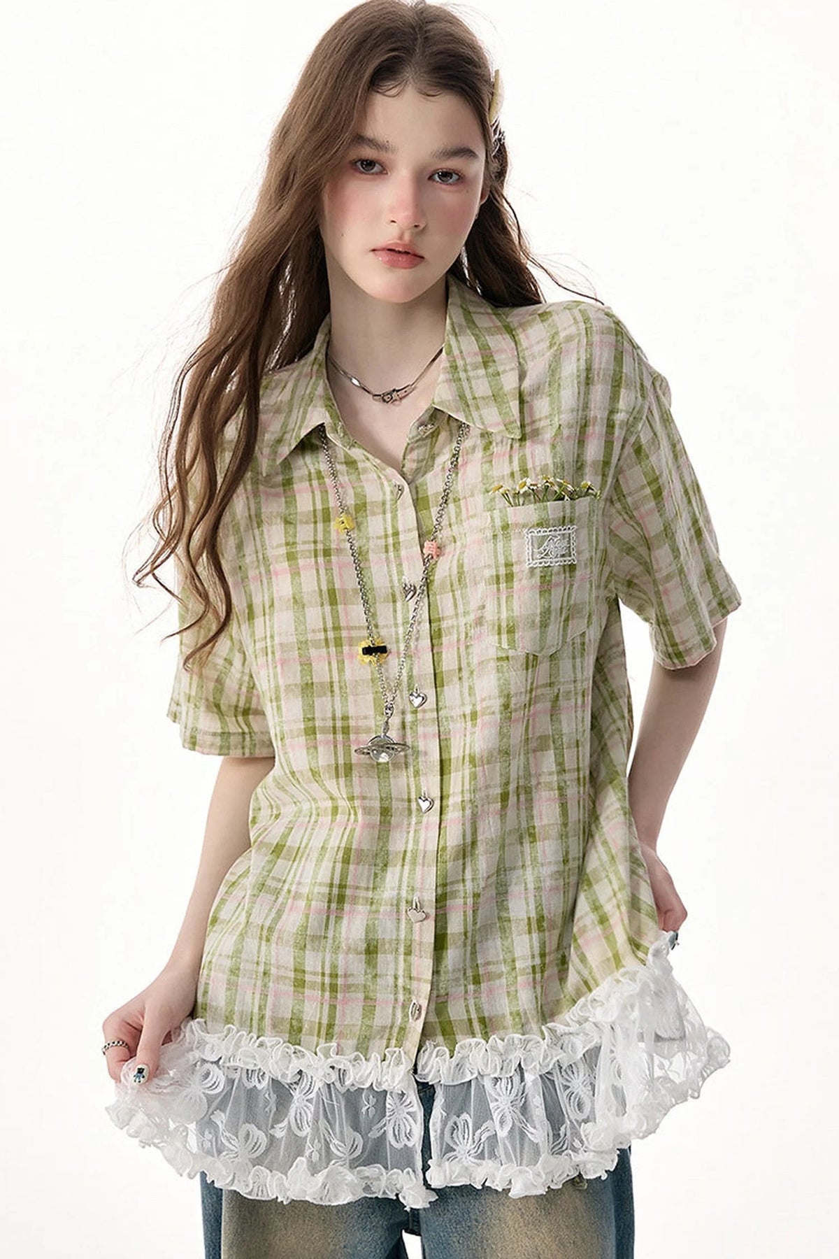 Green Plaid Lace Hem Shirt