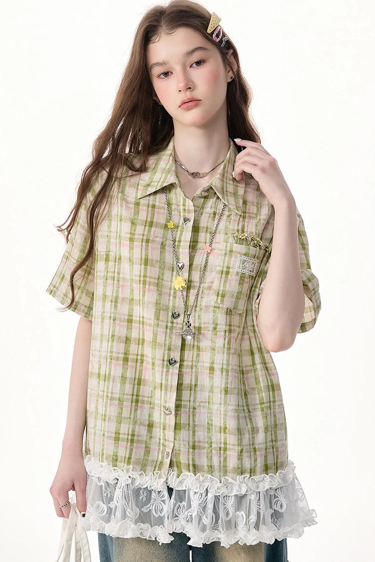 Green Plaid Lace Hem Shirt