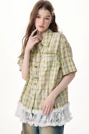 Green Plaid Lace Hem Shirt
