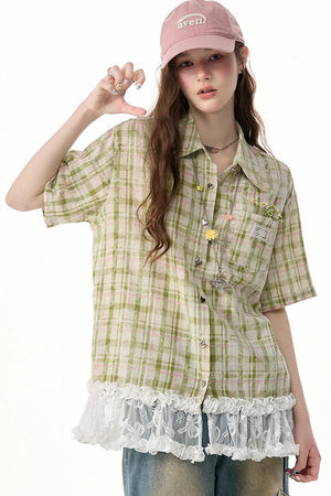 Green Plaid Lace Hem Shirt