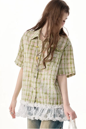 Green Plaid Lace Hem Shirt
