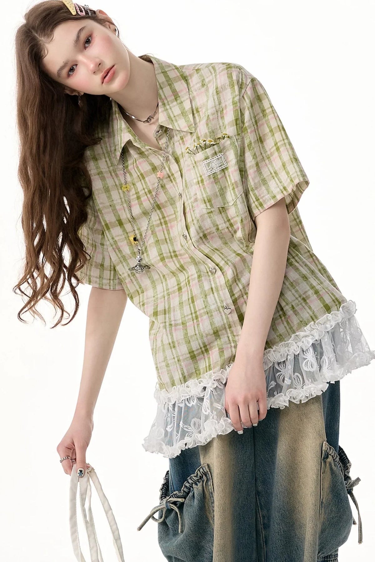 Green Plaid Lace Hem Shirt