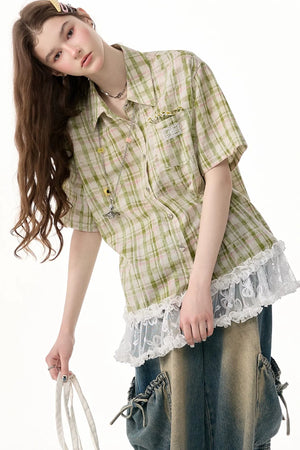 Green Plaid Lace Hem Shirt