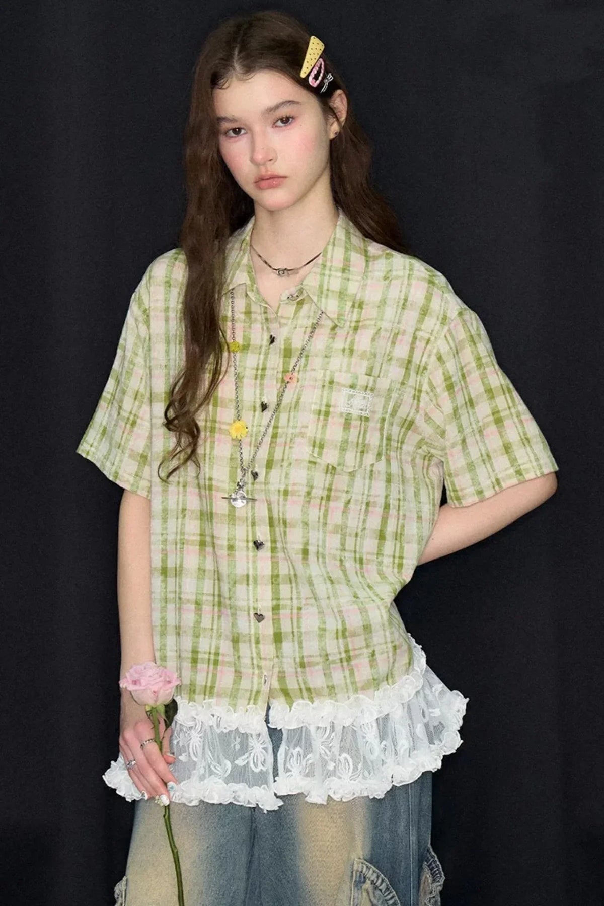 Green Plaid Lace Hem Shirt