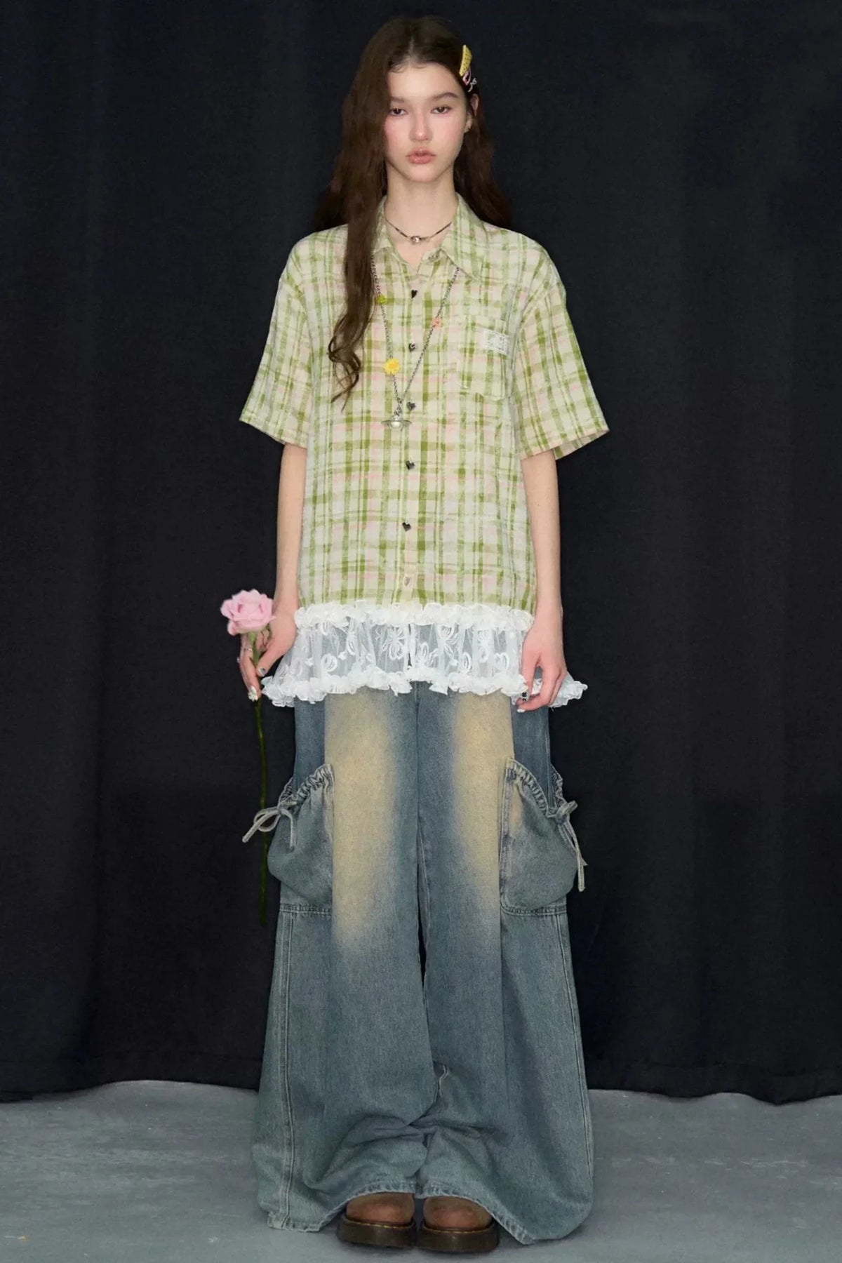 Green Plaid Lace Hem Shirt